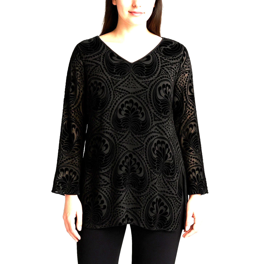 Vintage Neiman Marcus Black Velvet Burnout Blouse Tunic Top Silk‎ Blend XL